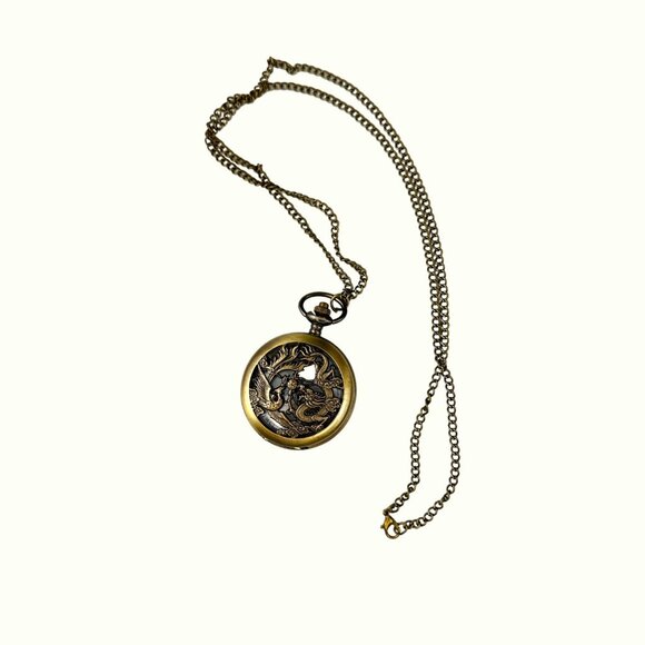 Unique Brass Pocket Watch Intricate Phoenix & Dragon Design NWOT Fantasy Boho Go - Picture 2 of 7